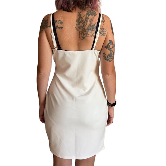 White Bodycon Dress Mini Surplice Spaghetti Strap Size L Large Asymmetrical Hem - Picture 11 of 12